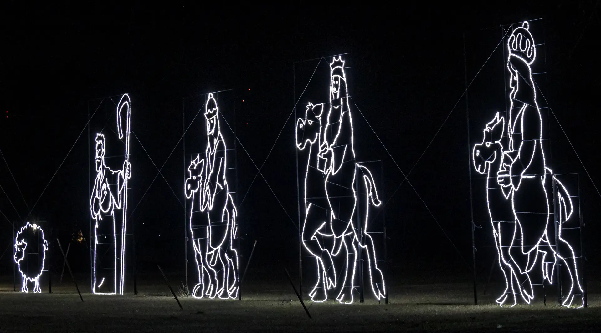 The Nativity scene in white lights at Lights of Joy Christmas Drive-Thru in Branson