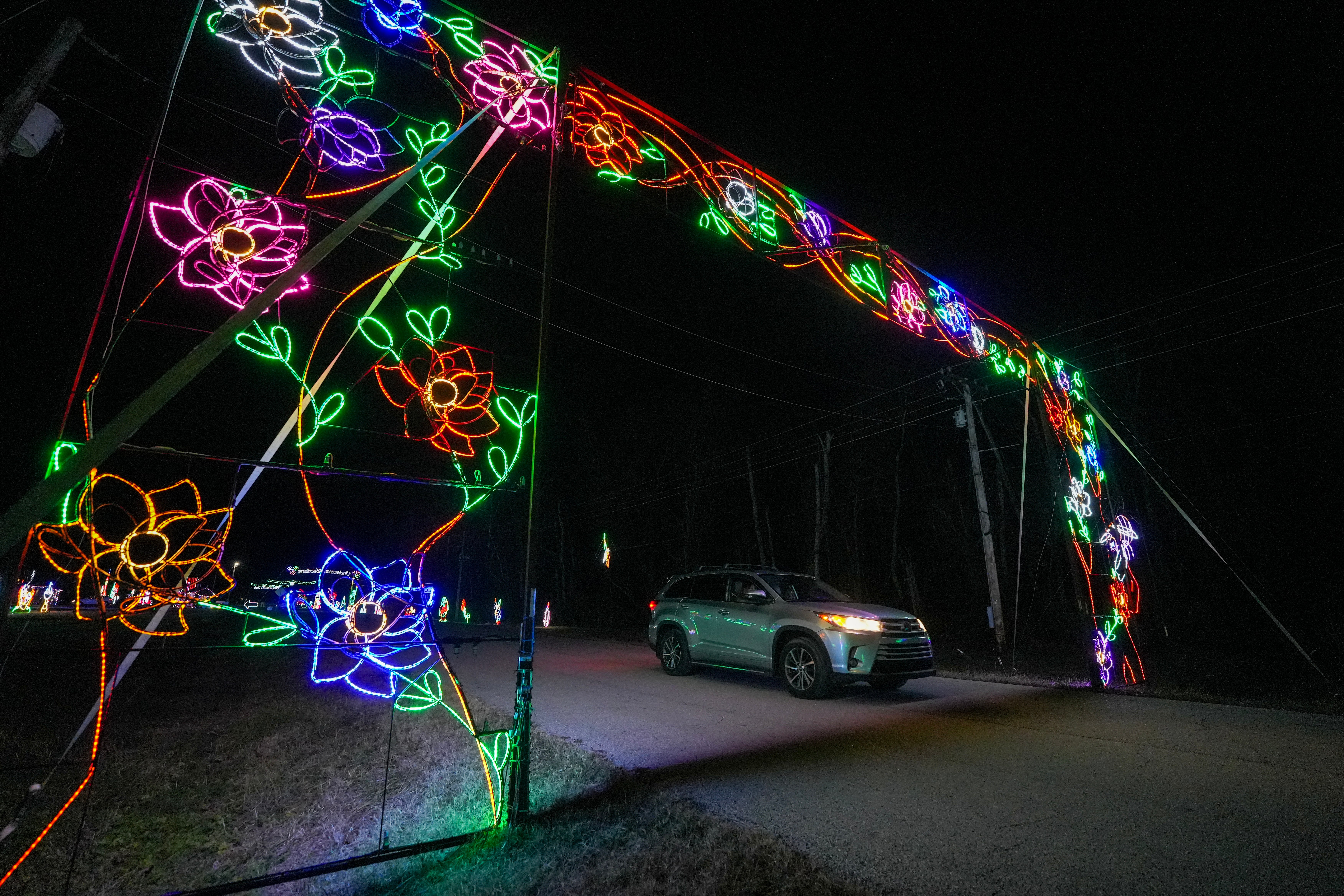 A quiet November night under the light arches at Lights of Joy in Branson, Missouri