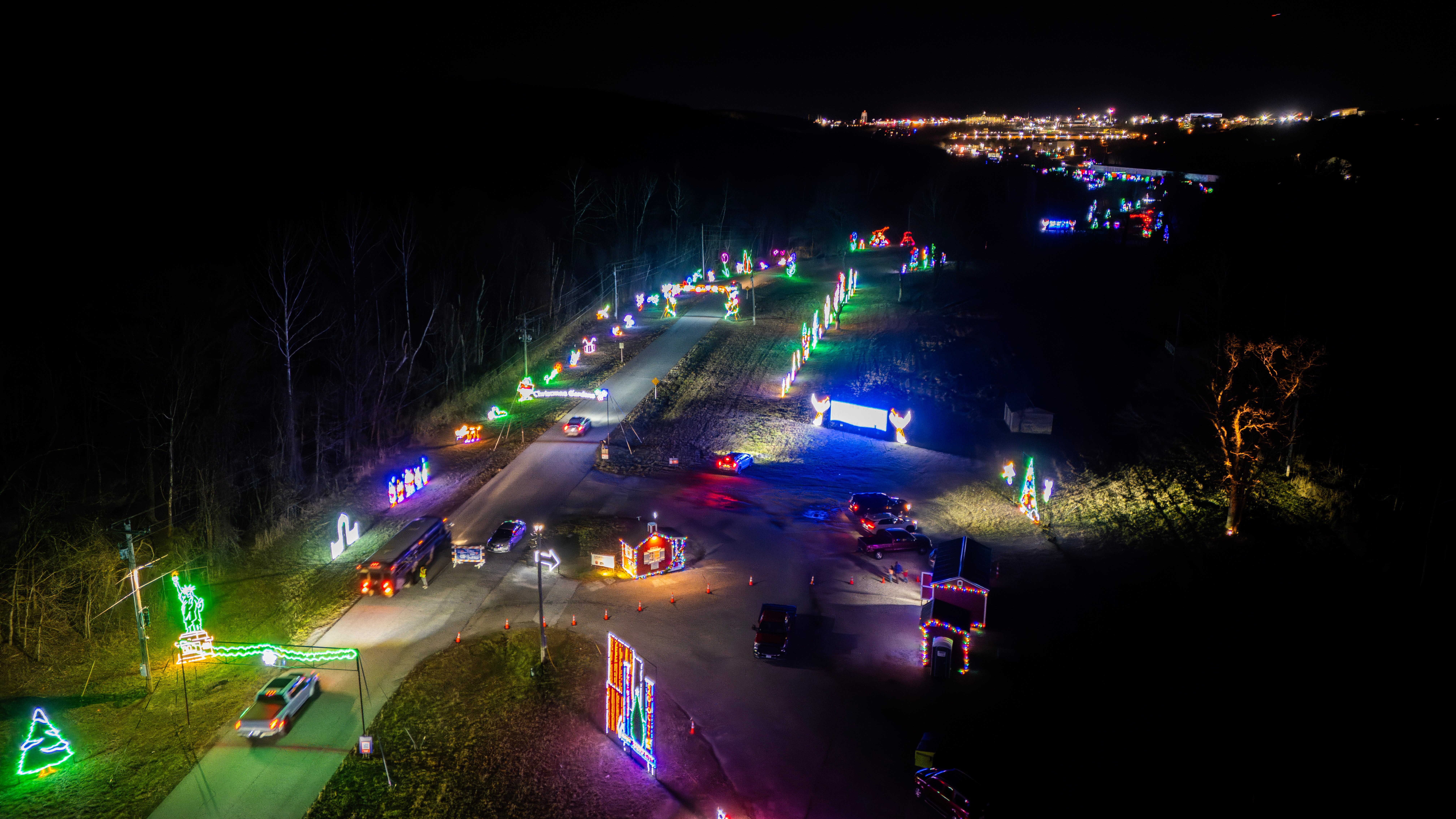 Aerial view of the Christmas light displays at Lights of Joy Christmas Drive-Thru in Branson, MO