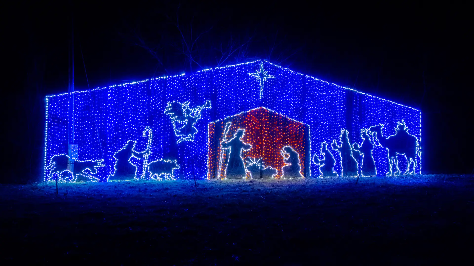 The Nativity light display at Lights of Joy Christmas Drive-Thru in Branson, MO