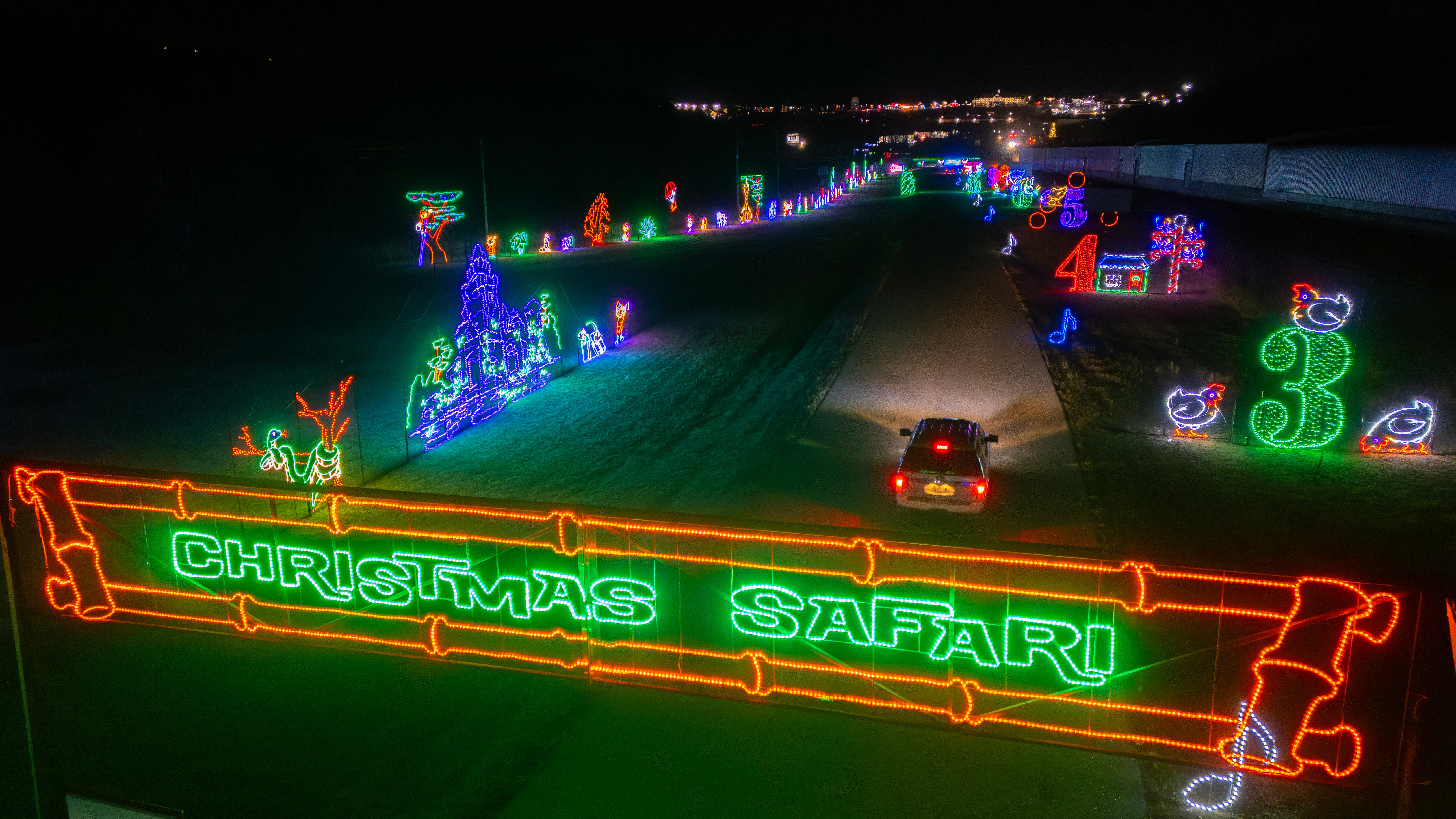 Aerial view of the full Christmas light route at Lights of Joy Christmas Drive-Thru in Branson, MO