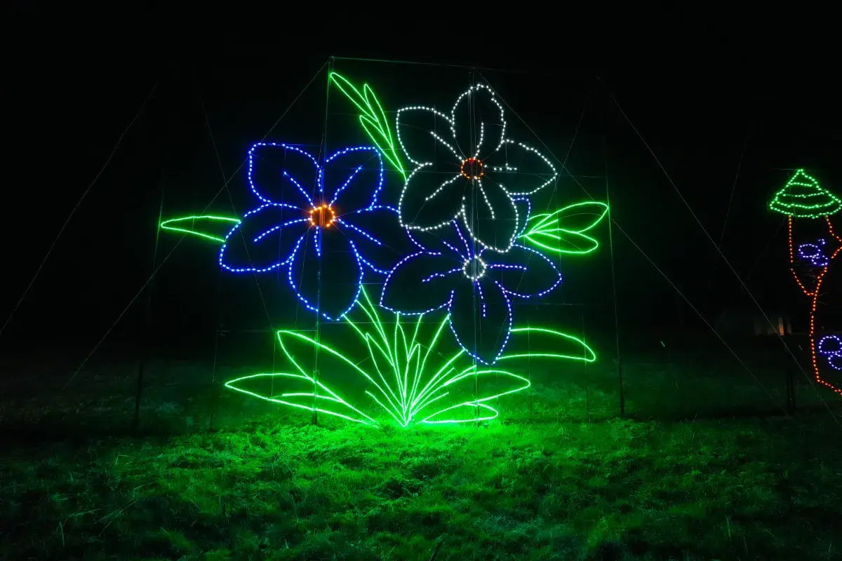 Glowing flower light displays at Lights of Joy Christmas Drive-Thru in Branson