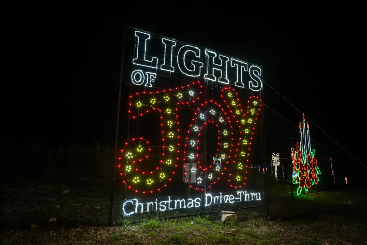 Lights of Joy name display in lights at the Christmas drive-thru in Branson